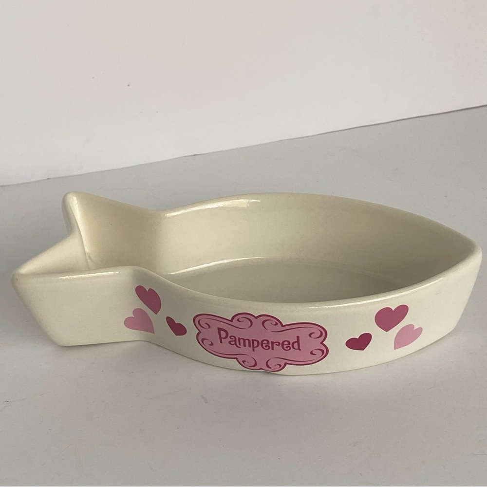 Cat Bowl Fish Shaped Ceramic “Pampered” White Pink. 8” Long Water Food Kitty